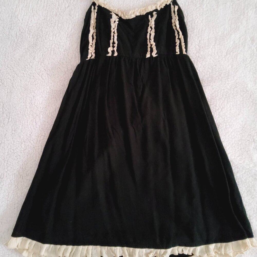 Vintage Y2K Black Babydoll Top Cream Ruffle Lace Trim Halter Cami